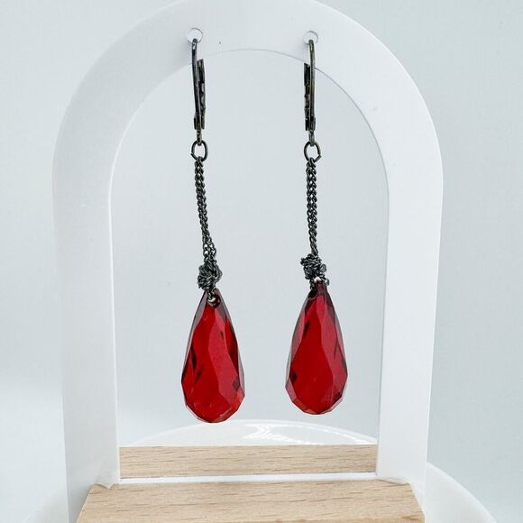 Vintage Parure Blood Red Teardrop Necklace Earrings Set Vampire Glam Bling Drape - Picture 5 of 12